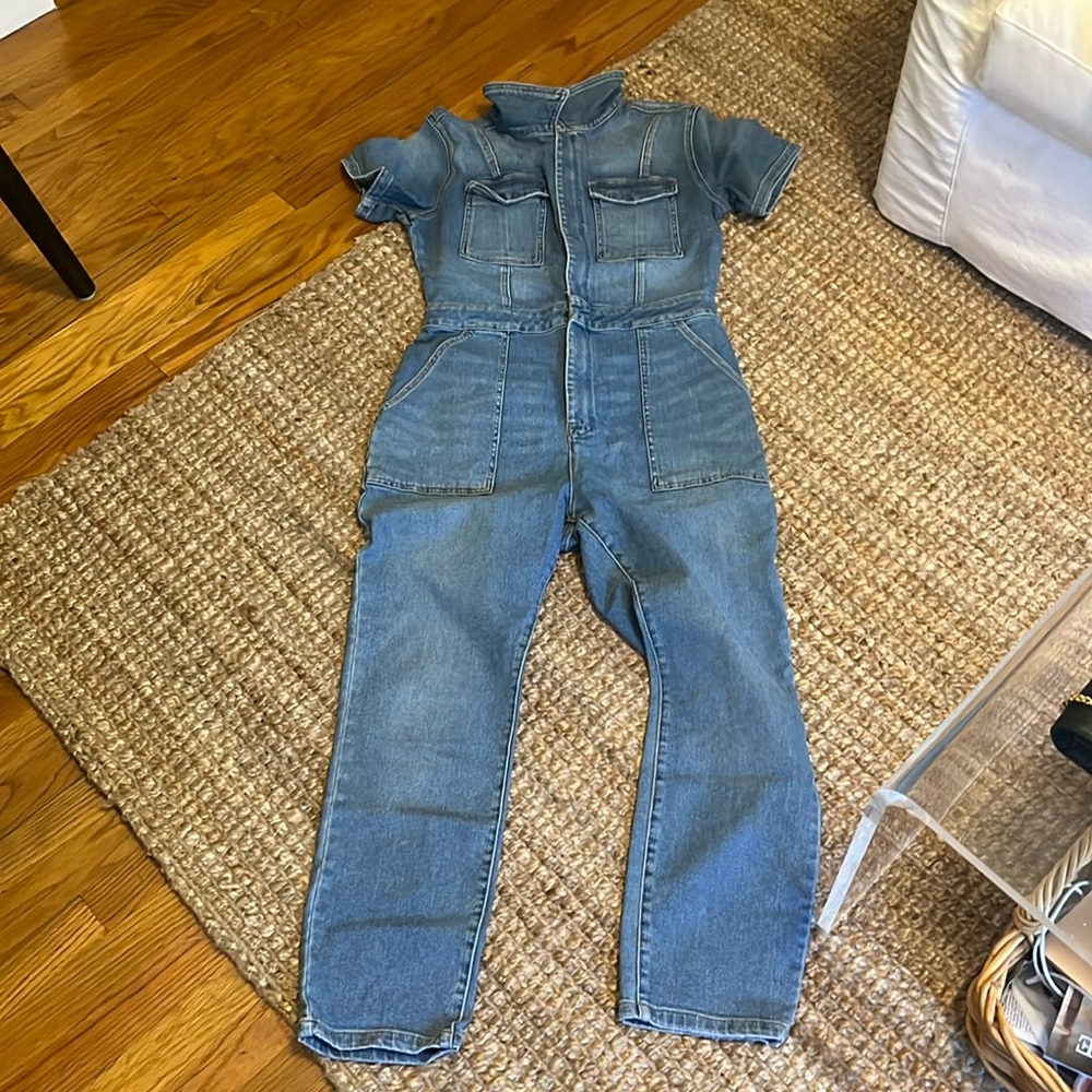 Good American Short Sleeve Denim Jumpsuit - Medium Blue